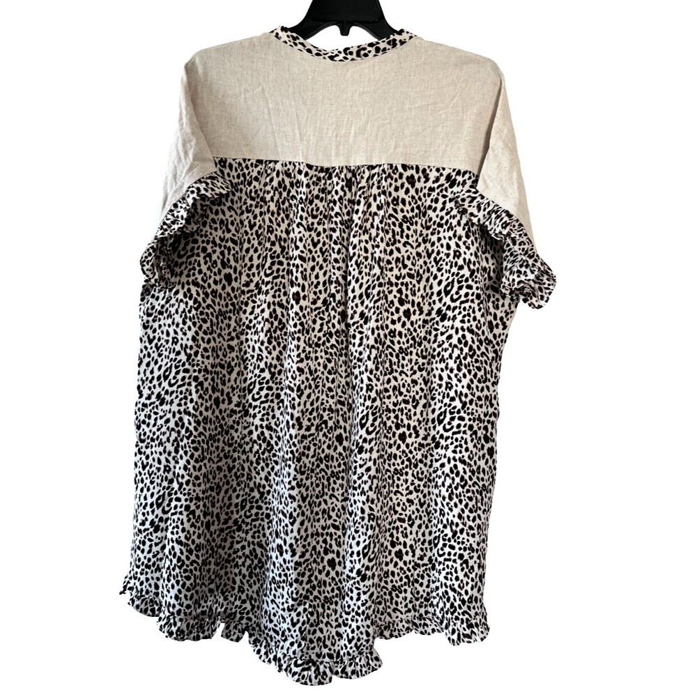 Umgee Beige Linen Blend Lagenlook Shirt Dress Animal Print Ruffle Sleeve Size XL - Picture 2 of 8